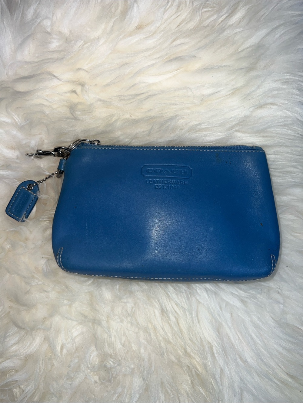 Coach Bright Blue Leather Zip Wristlet Pouch